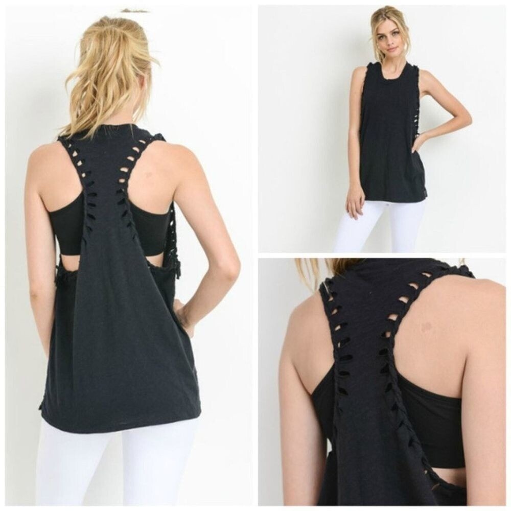 Mono B Womens Tank Top‎ Racerback Black Size S Cut Out Back Casual Workout Comfy